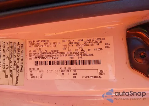 2019 Ford F-250 Xl z USA, uszkodzony, nr VIN 1FT7X2B64KEF59421